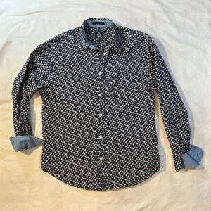 Faconnable Mens Navy Anchor Star Nautical Print Cotton Button Down Shirt Medium